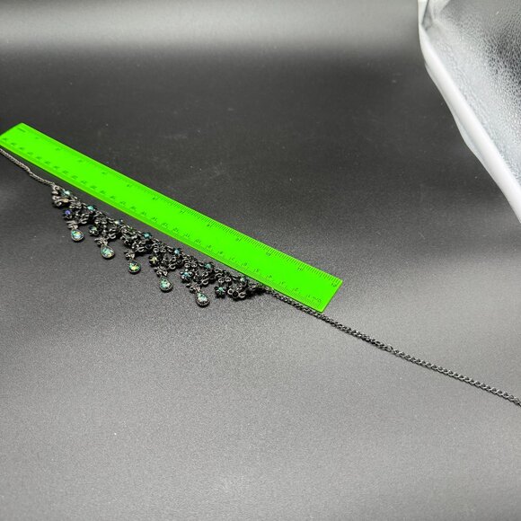 Statement Necklace Faceted Black Stones, Charcoal Metal Chain, Floral Design - Picture 6 of 6